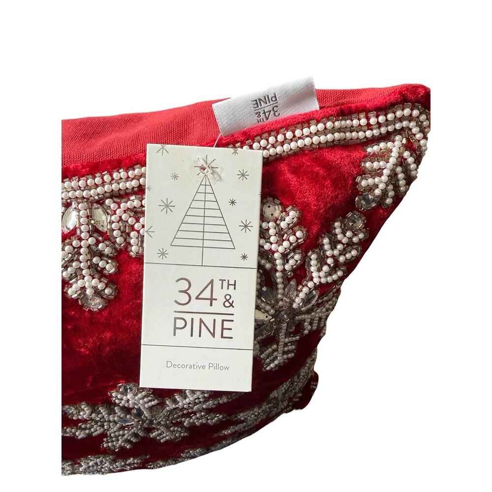 34th & Pine Red Velour Christmas Throw Pillow Crystal Beaded Snowflake 19” Zip - Picture 2 of 14